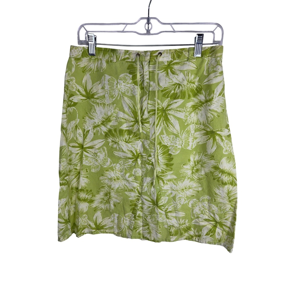 Oleg Cassini Skirt Medium Vintage Lime Green Tropical Floral Linen Cotton Tie